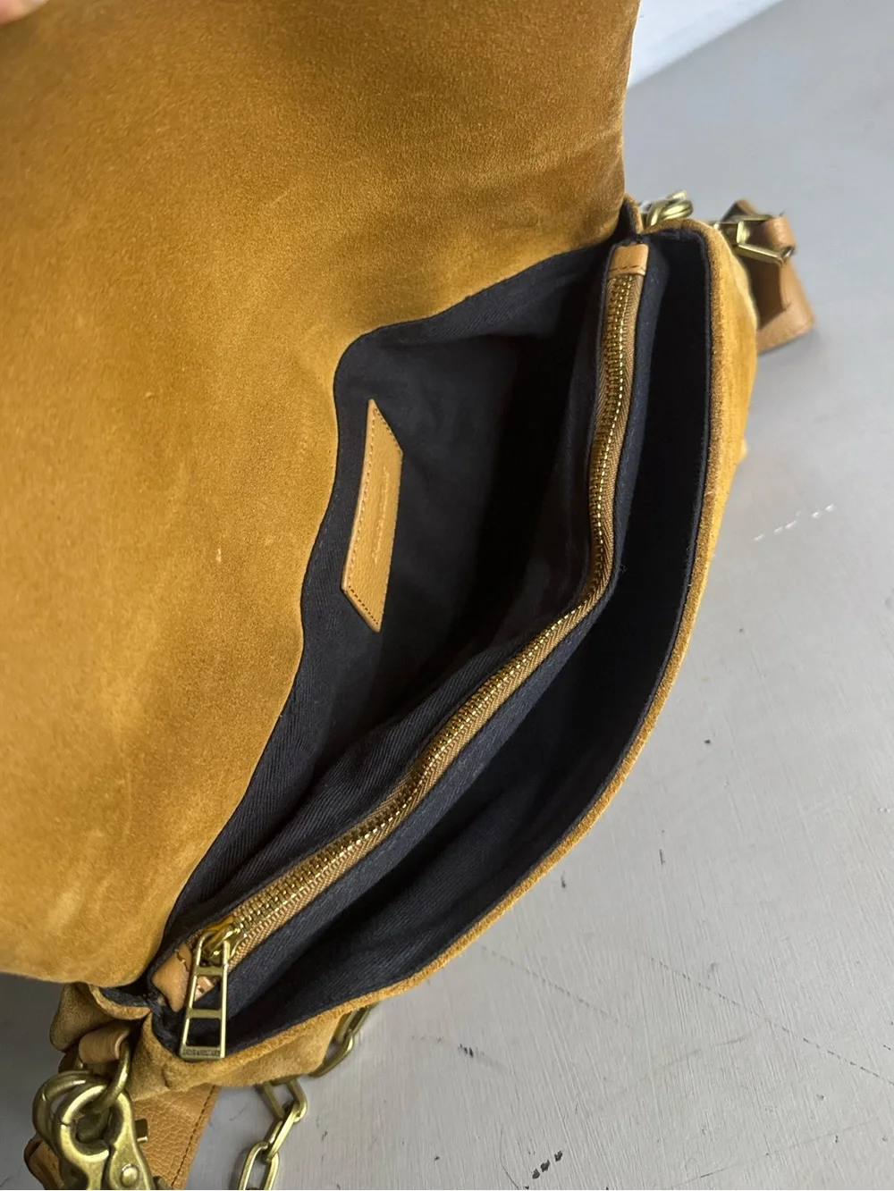 Zadig & Voltaire Rocky Suede Bag Tan Crossbody Clutch Gold Chain Calf Leather